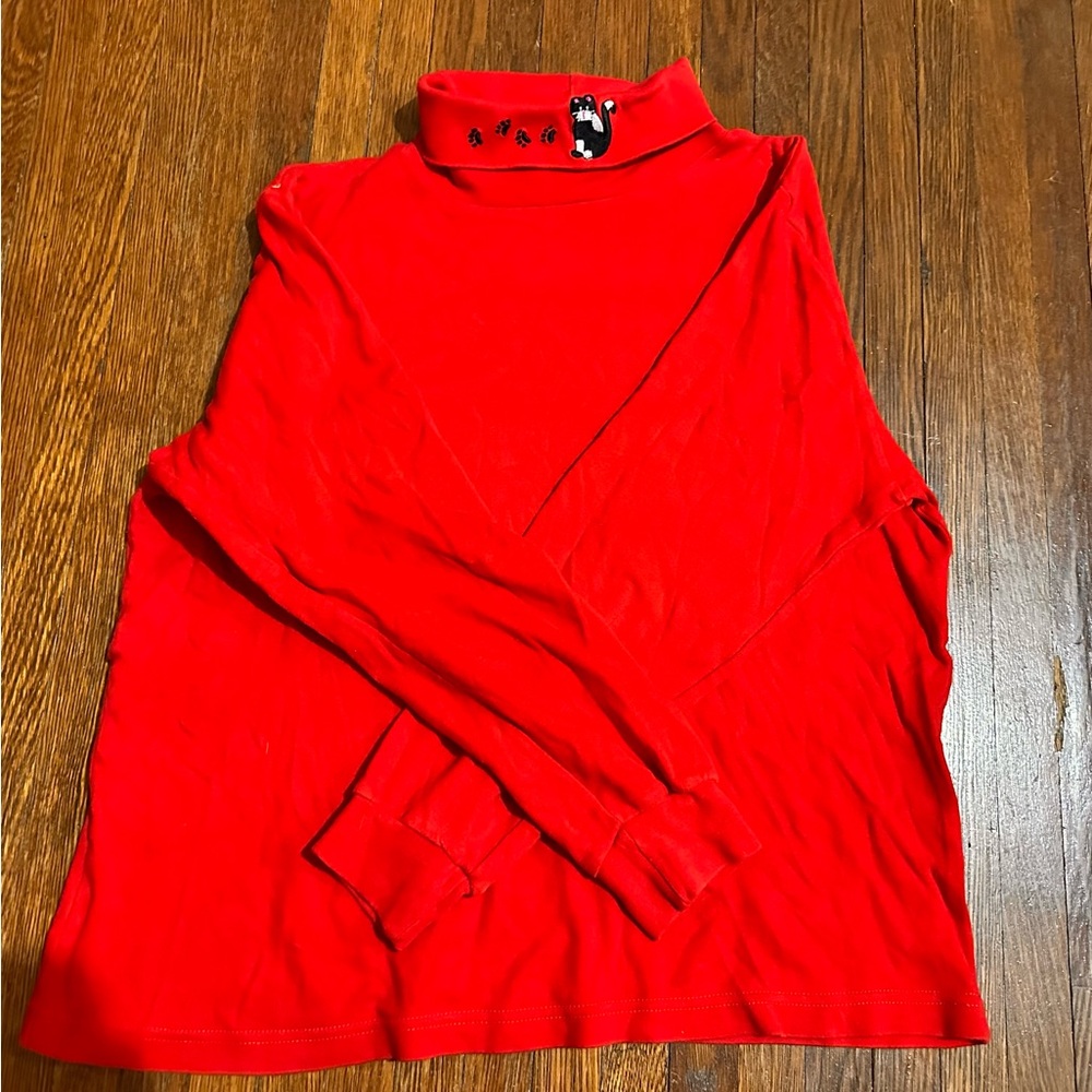 Vintage 90s Women’s  Large Belle Pointe Red Turtleneck with Cat Embroidery